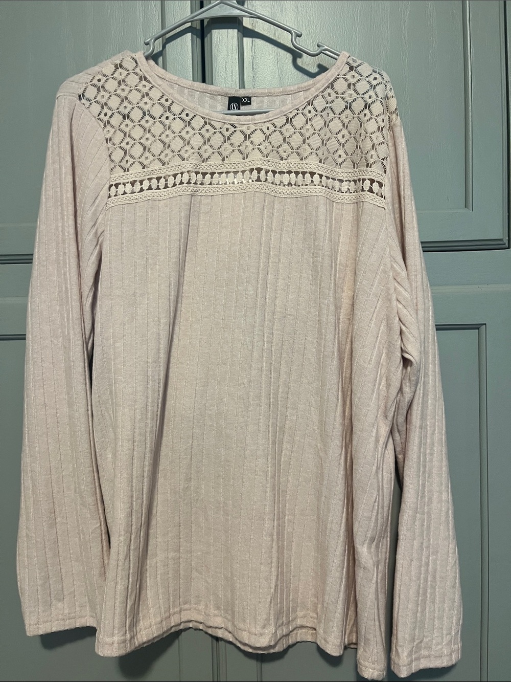 Women's Lace Yoke Long Sleeve Top - Pale Pink/Beige like color